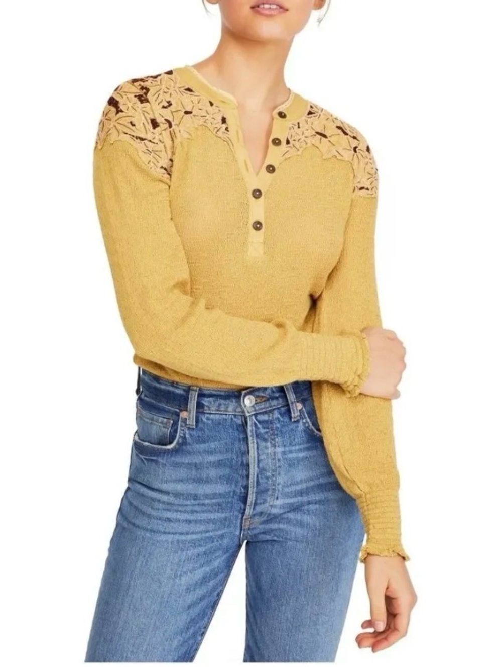FREE PEOPLE Green Yellow Textured Gauze Top Blouse Large Boho Cottagecore Henley